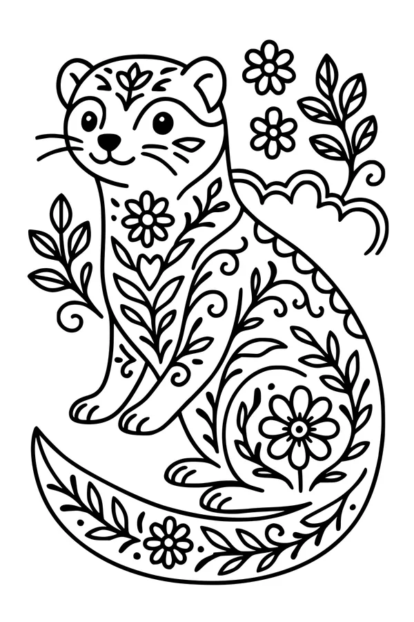 Free Ferret Coloring Page - Springtime Ferret Among Flowers (Printable PDF)