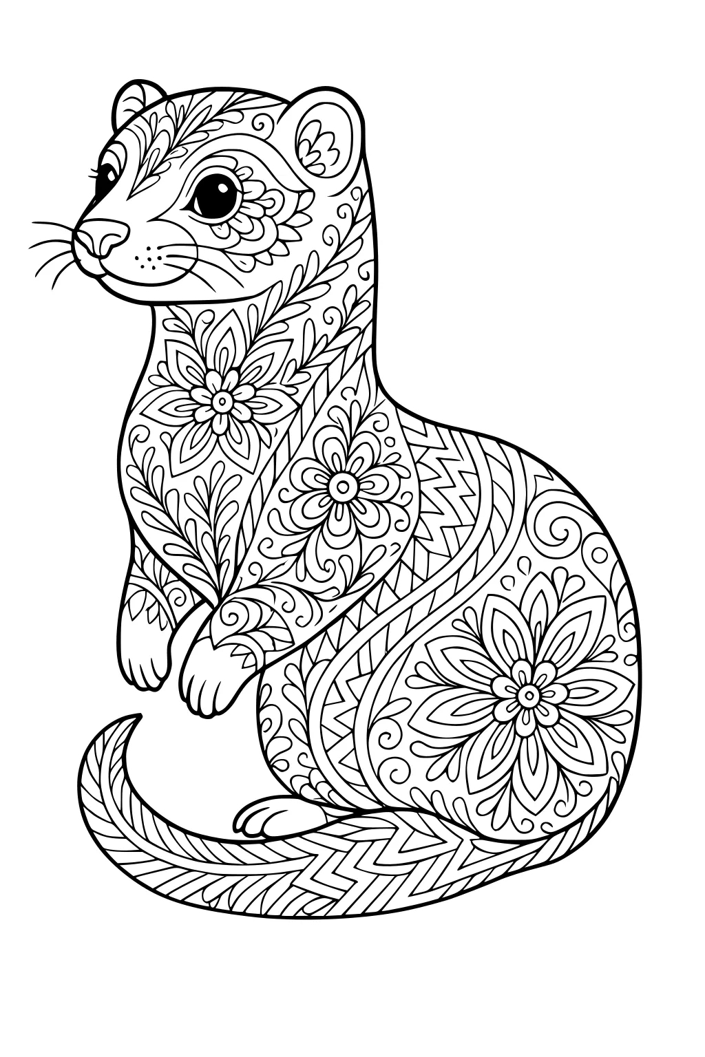 Ferret sitting upright, decorated with intricate floral and leaf patterns covering its body and tail.