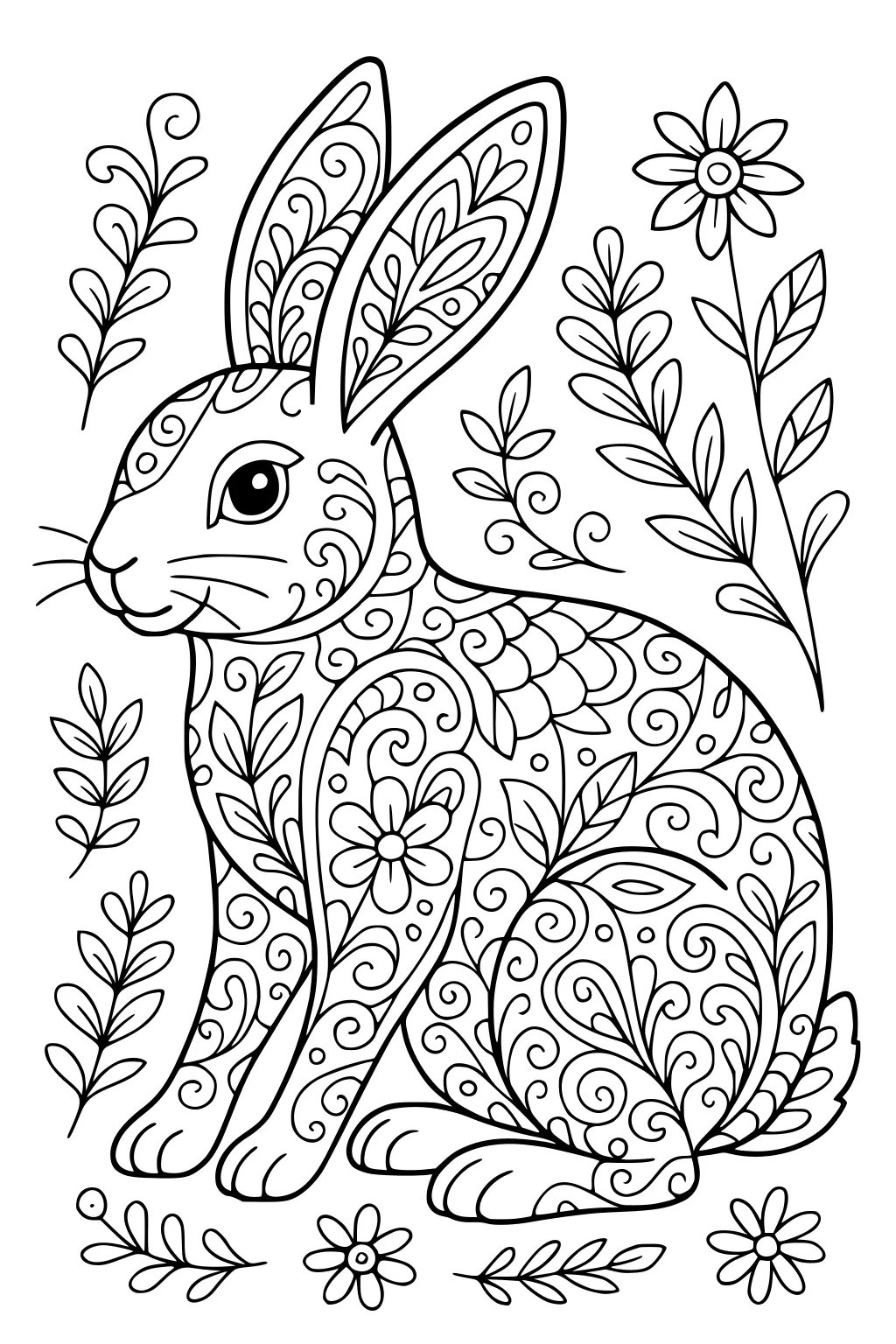 Rabbit with intricate flower and leaf designs on its body, sitting among flowers and leafy branches.