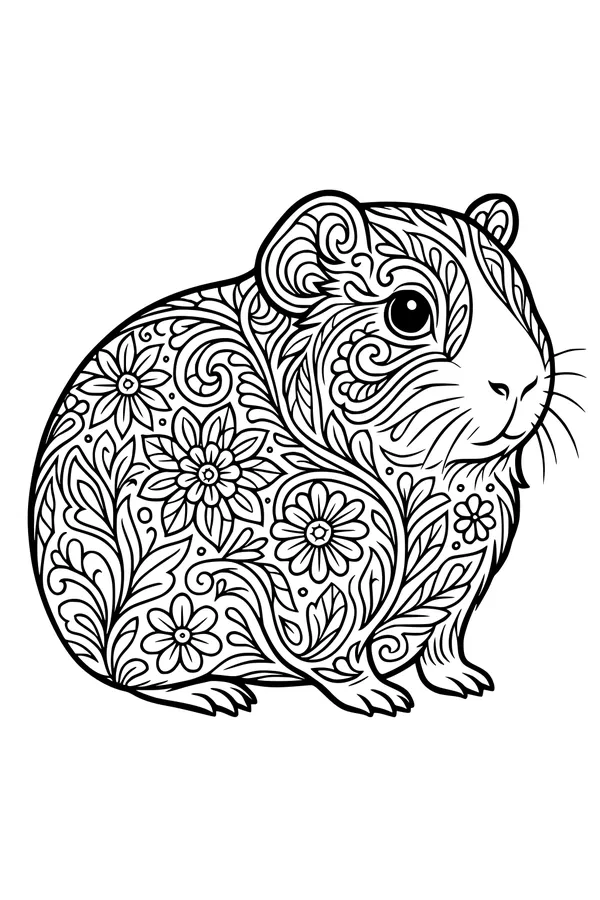 Free Guinea Pig Coloring Page - Floral Patchwork Pet (Printable PDF)