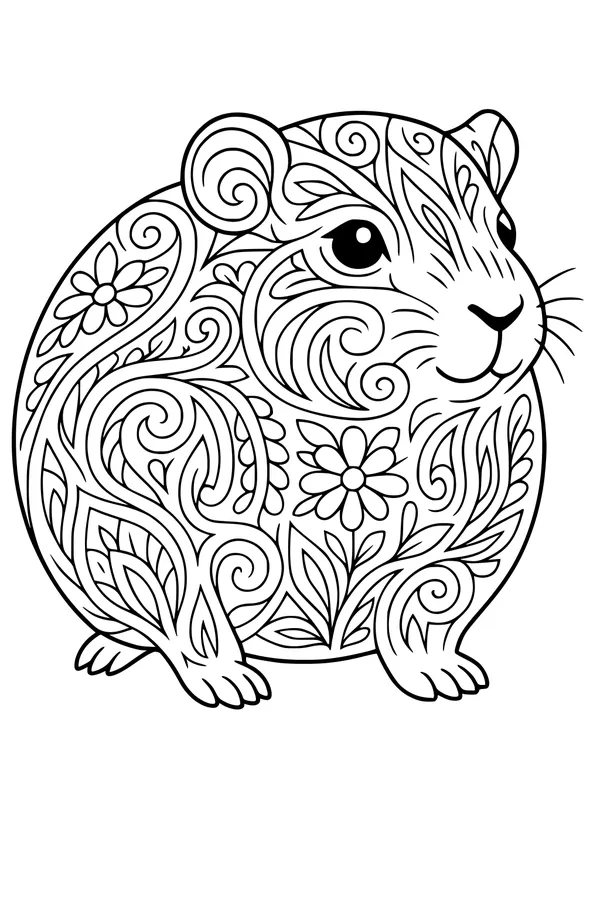 Free Guinea Pig Coloring Page - Floral Swirls on Chubby Pet (Printable PDF)