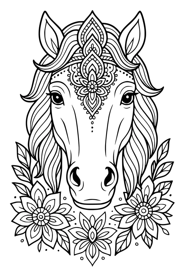 Free Horse Coloring Page - Floral Mane and Flower Crown (Printable PDF)