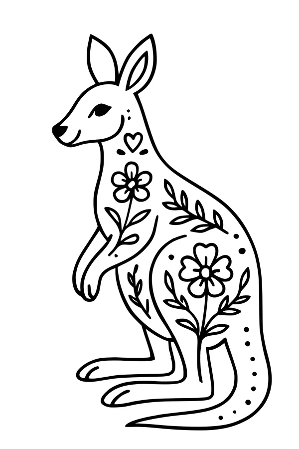 Free Kangaroo Coloring Page - Smiling Flower-Decorated Kangaroo (Printable PDF)
