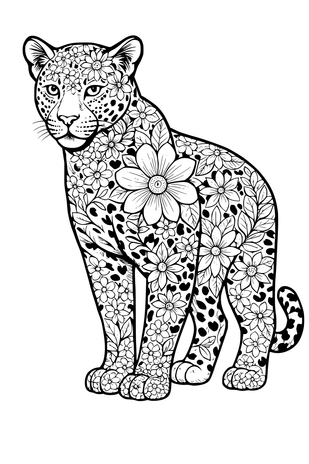 Leopard covered in detailed flowers and leaves, sitting upright with a large flower on its chest and many patterns.