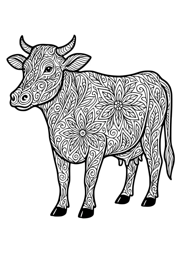 Free Cow Coloring Page - Floral Patterned Standing Cow (Printable PDF)