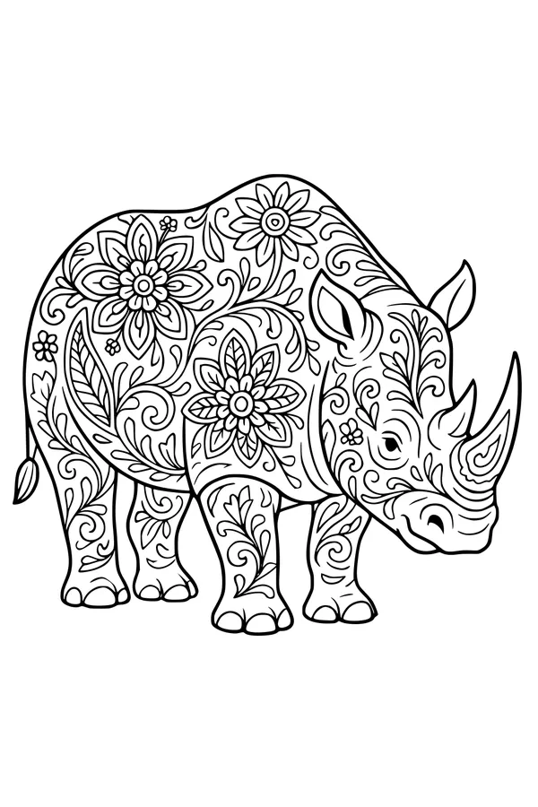 Free Rhinoceros Coloring Page - Floral Garden Parade Design (Printable PDF)