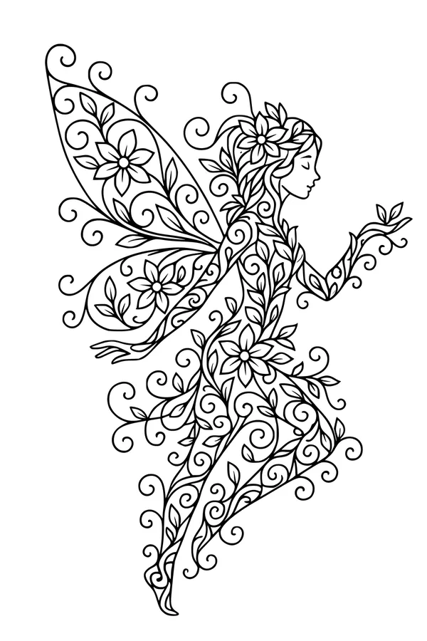 Free Fairy Coloring Page - Floral Vine Fairy With Sprout (Printable PDF)