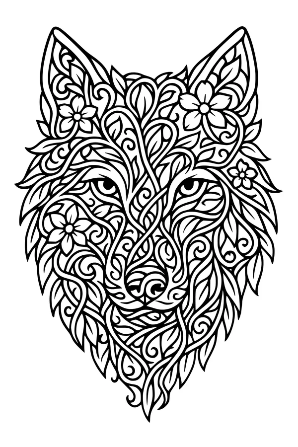 Free Wolf Coloring Page - Intricate Leafy Mandala Face (Printable PDF)