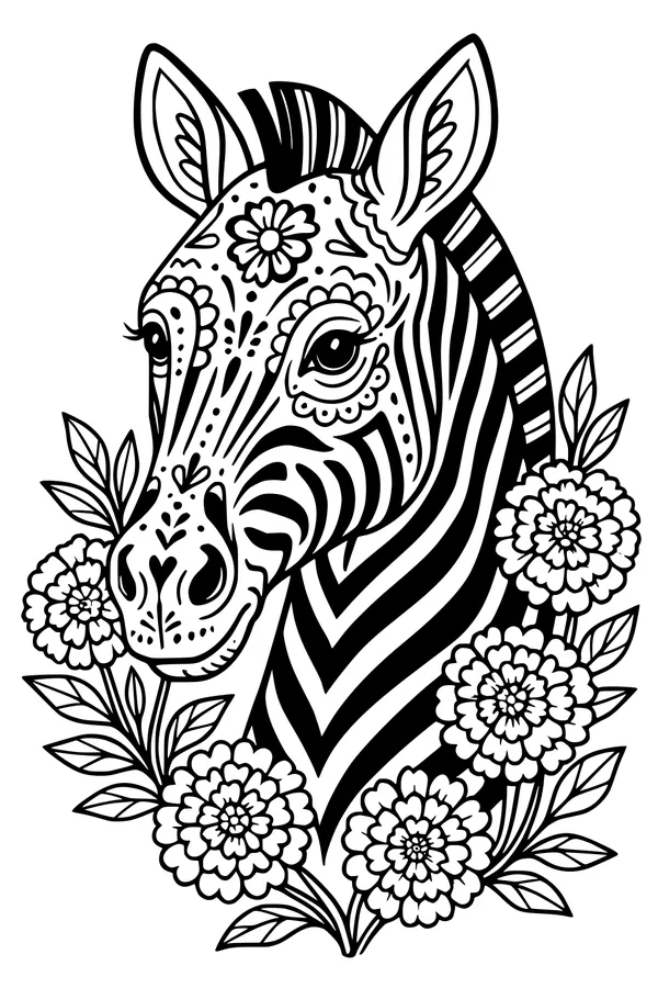 Free Zebra Coloring Page - Floral Wreath Zebra Portrait (Printable PDF)