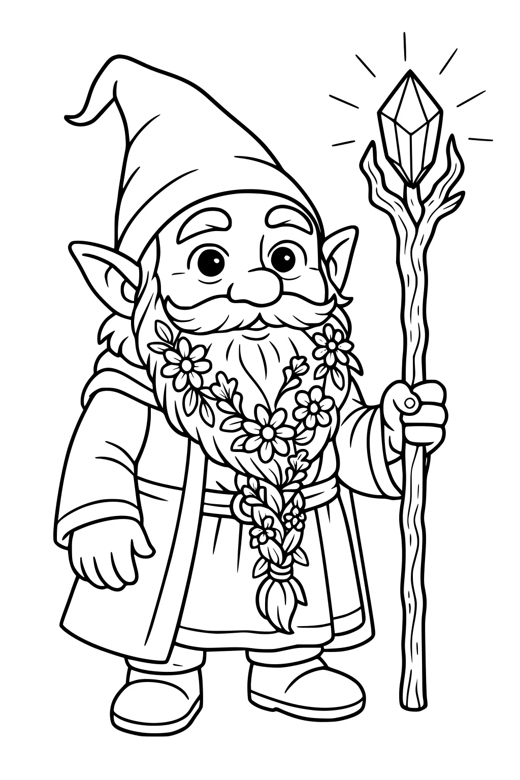 Smiling gnome with pointy hat, flower-braided beard, and crystal staff, wearing a robe and boots in bold outlines.