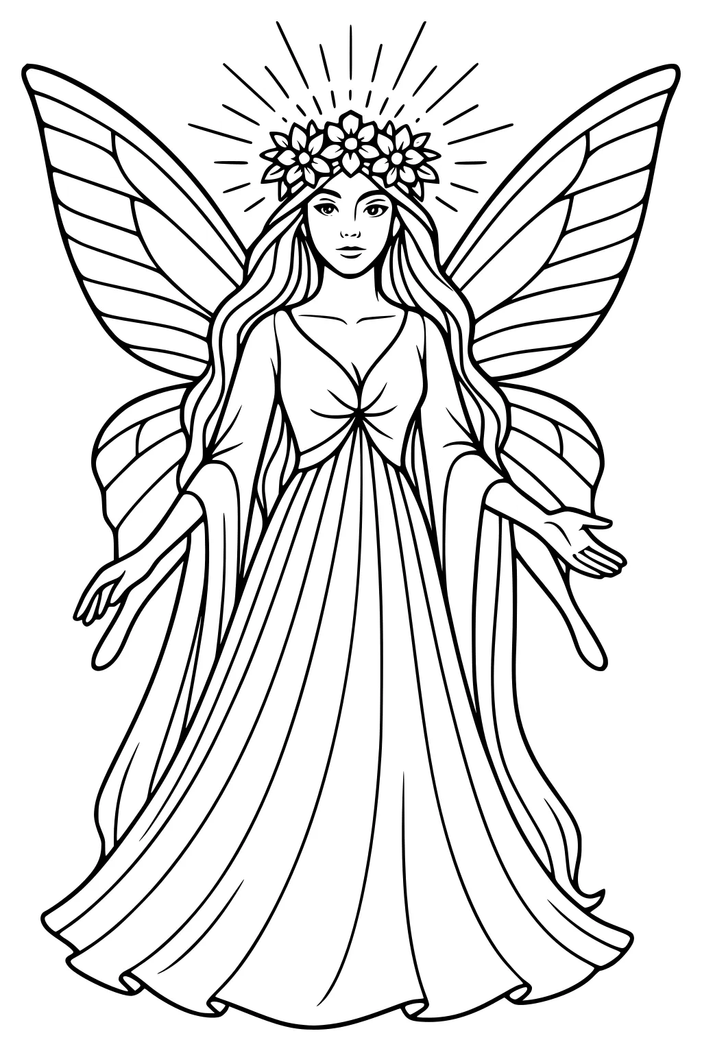 Fairy girl with flower crown, large patterned wings, long gown, open hands, and halo rays behind her head.