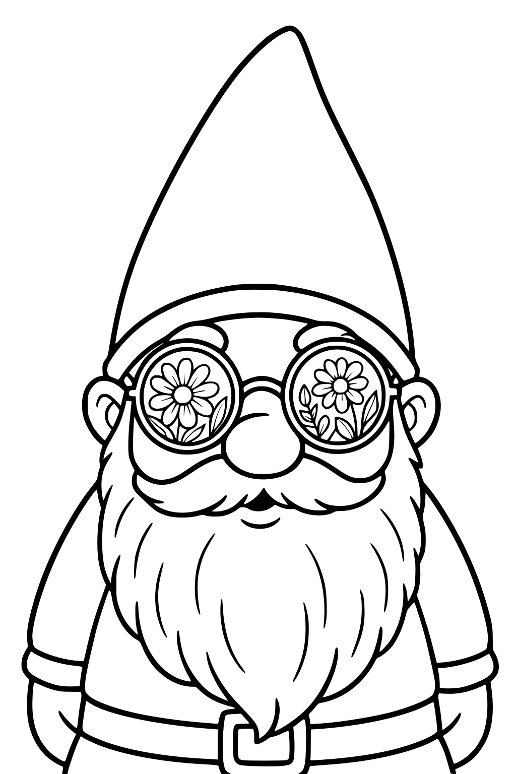 Smiling garden gnome with tall hat, round glasses showing daisies, long beard, belt, and hands tucked behind his back.