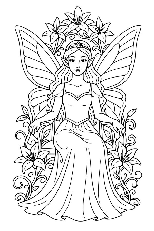 Free Fairy Queen Coloring Page - Flower Throne in Enchanted Garden (Printable PDF)