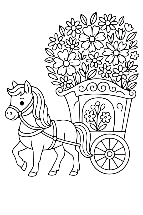 Free Pony Coloring Page - Sweet Pony Pulling Flower Cart (Printable PDF)