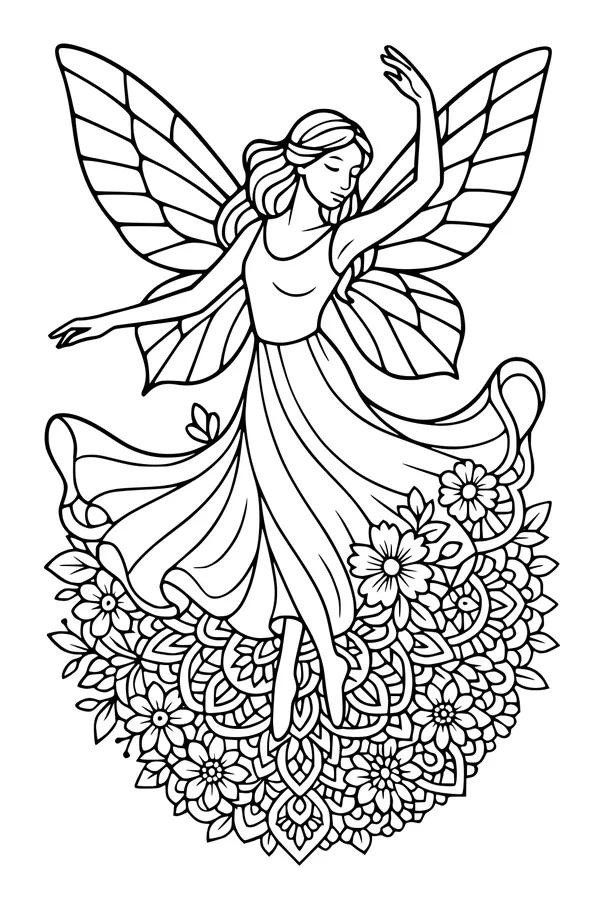 Free Fairy Coloring Page - Dancing Girl on Floral Mandala (Printable PDF)