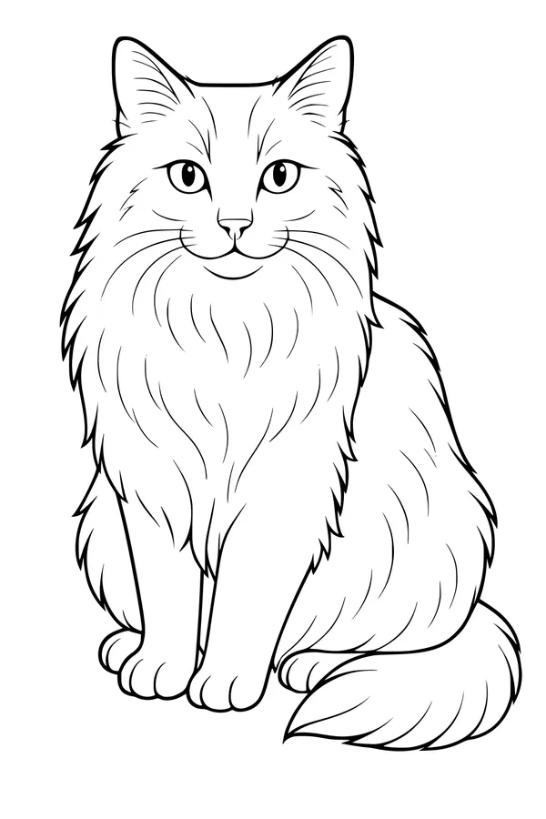 Free Cat Coloring Page - Fluffy Long-Haired Pet Sitting Upright (Printable PDF)
