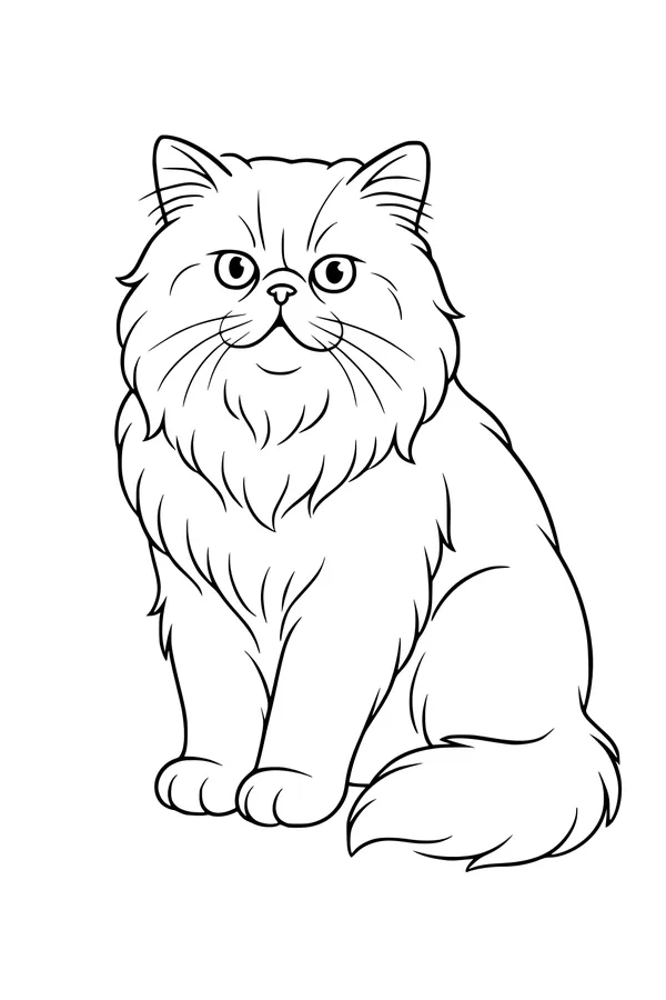 Free Cat Coloring Page - Fluffy Long-Haired Pet Sitting Upright (Printable PDF)