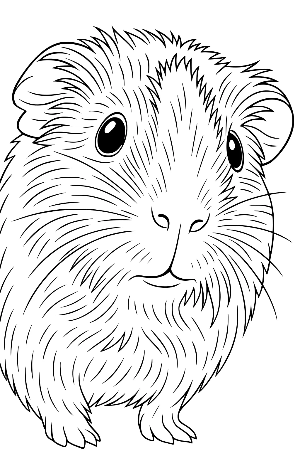 Front-facing guinea pig with large eyes, detailed curved fur, small rounded ears, and paws visible at the bottom.