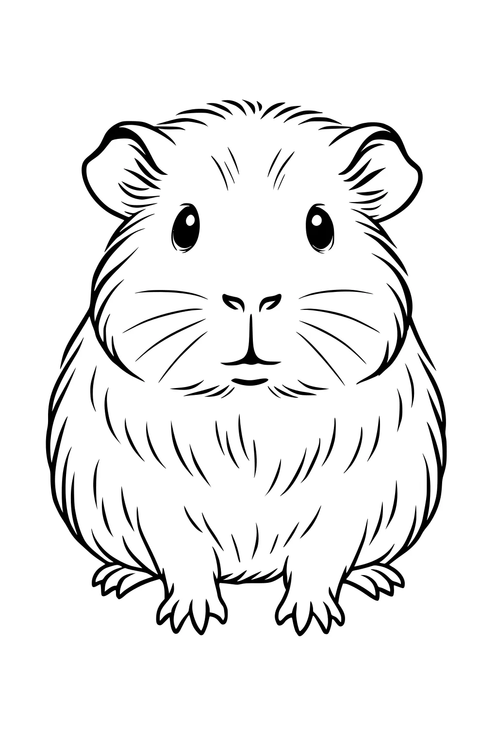 Front-facing guinea pig with fluffy fur, large eyes, small rounded ears, and four tiny paws visible.