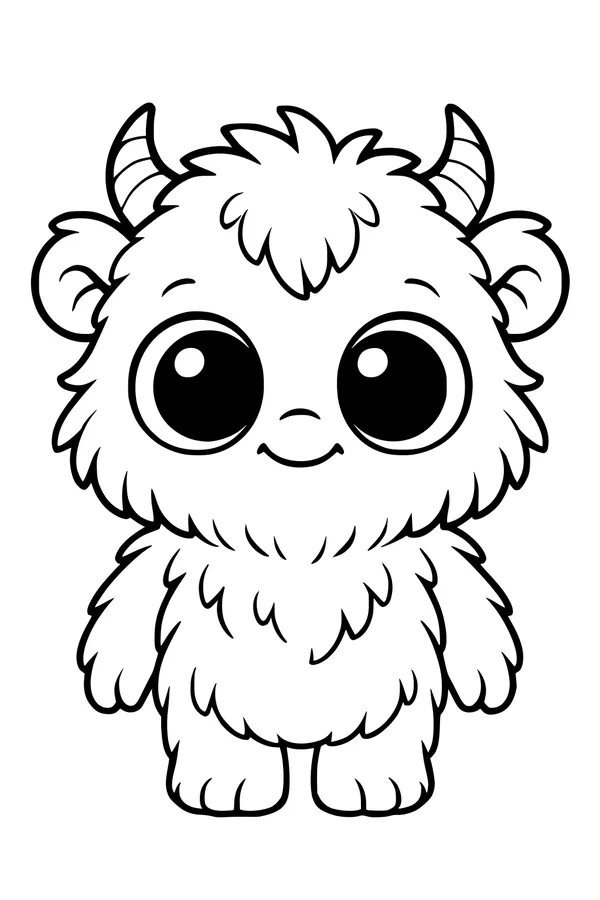 Free Fluffy Monster Coloring Page - Big-Eyed Fuzzball With Tiny Horns (Printable PDF)