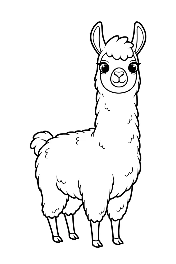 Free Llama Coloring Page - Fluffy Cartoon Llama With Big Eyes (Printable PDF)