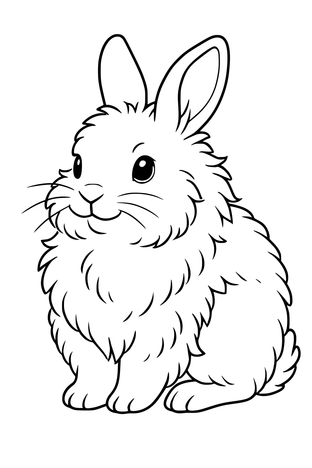 Fluffy rabbit sitting upright with big round eyes, long upright ears, and soft, detailed fur on white background.