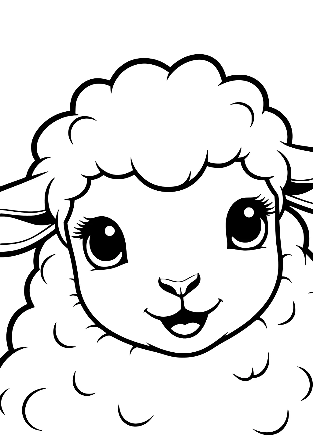 Cartoon sheep with a round, fluffy face, big eyes, long lashes, smiling mouth, and curved ears on each side.