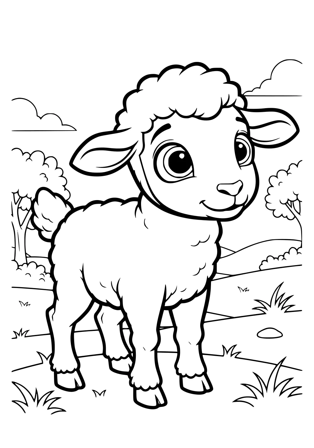 Fluffy sheep with big eyes standing on grassy meadow with trees, bushes, hills, and clouds in the background.