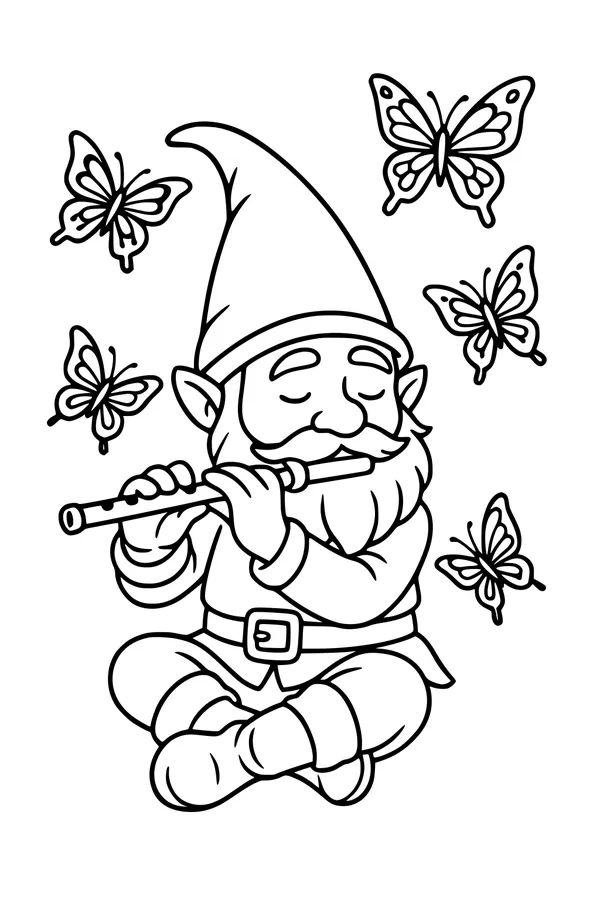 Free Gnome Coloring Page - Boy Gnome Playing Flute with Butterflies (Printable PDF)