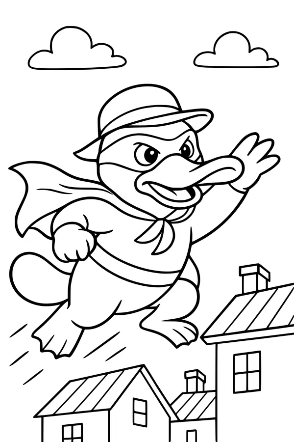 Free Platypus Coloring Page - Superhero Platypus Flying Over Rooftops (Printable PDF)