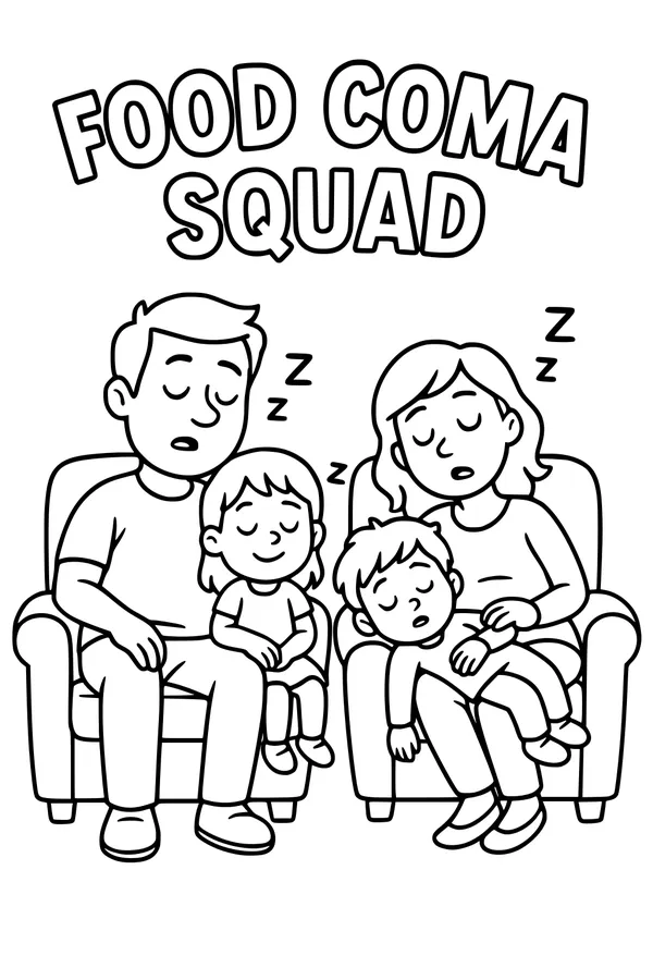 Free Thanksgiving Family Coloring Page - Post-Turkey Nap Squad (Printable PDF)