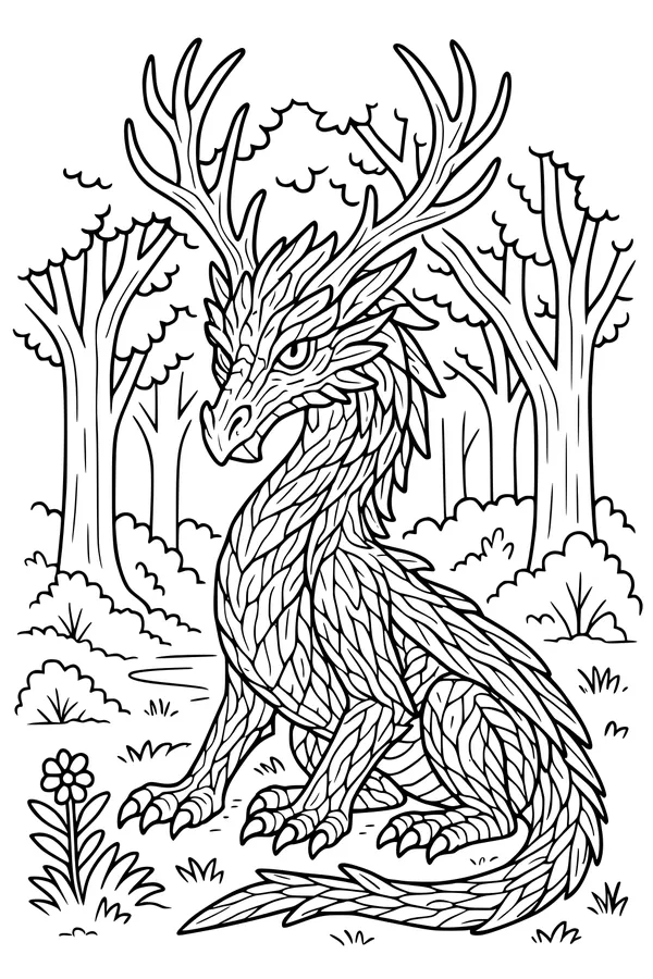 Free Forest Dragon Coloring Page - Antlered Dragon in Woodland Clearing (Printable PDF)