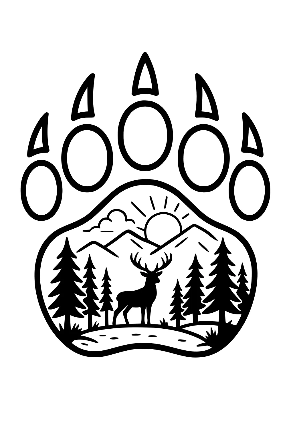 Bear paw print with a deer standing in a forest of pine trees, sun, and mountains inside the paw.