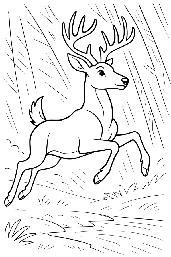 Free Deer Coloring Page - Buck Leaping Over Forest Stream (Printable PDF)
