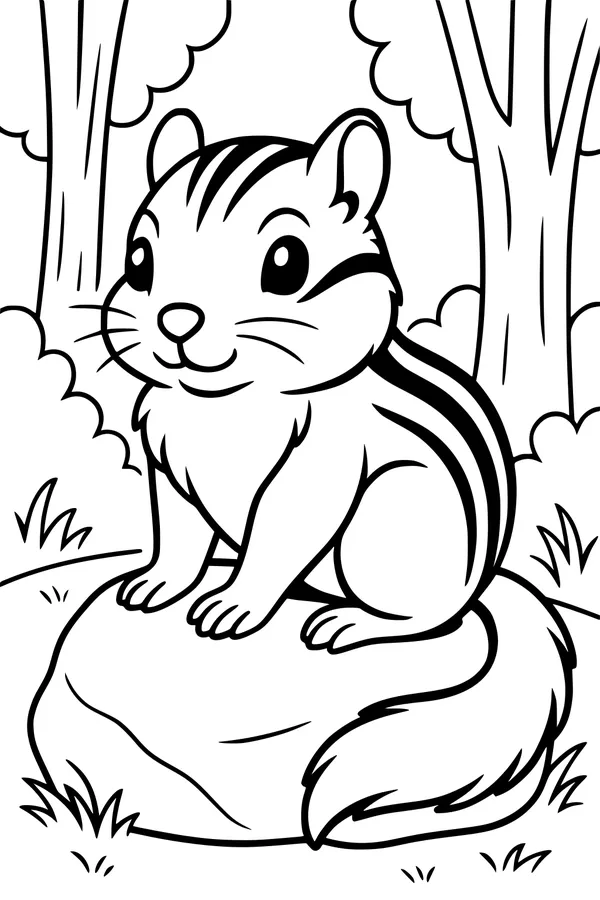 Free Chipmunk Coloring Page - Striped Chipmunk on Forest Rock (Printable PDF)
