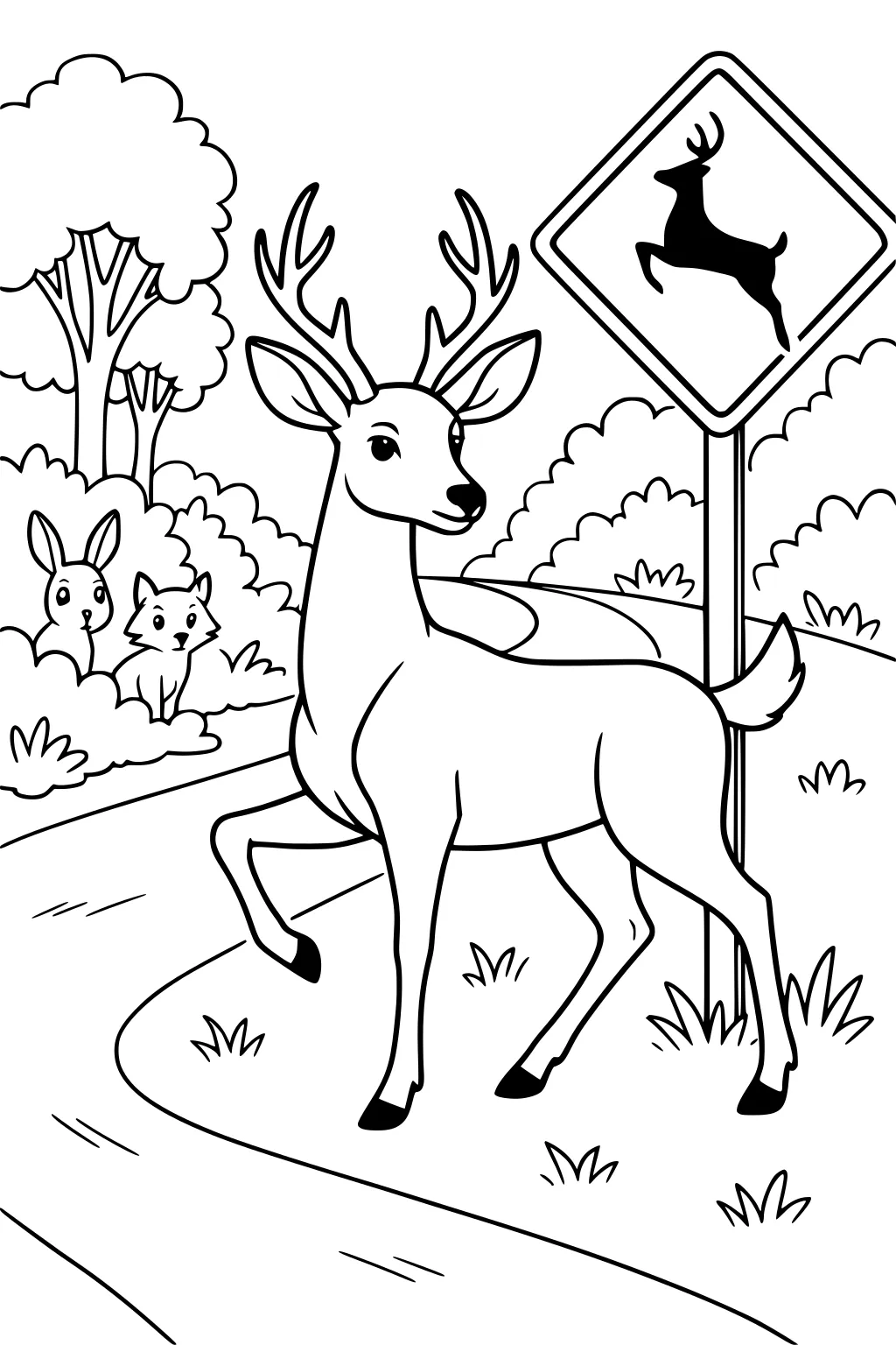 Male deer crossing a road near a deer crossing sign, with rabbit and fox watching from bushes and trees in the background.