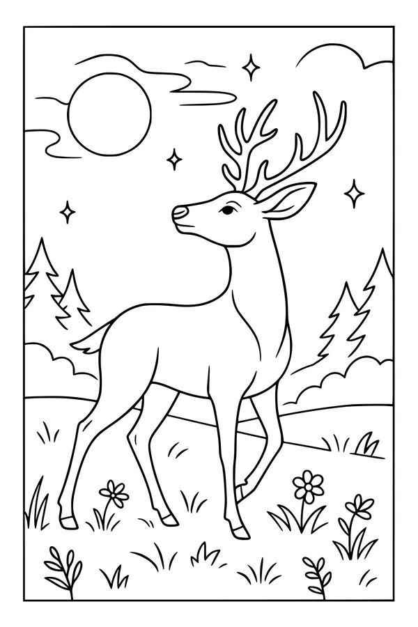 Free Deer Coloring Page - Forest Sunrise Meadow Scene (Printable PDF)