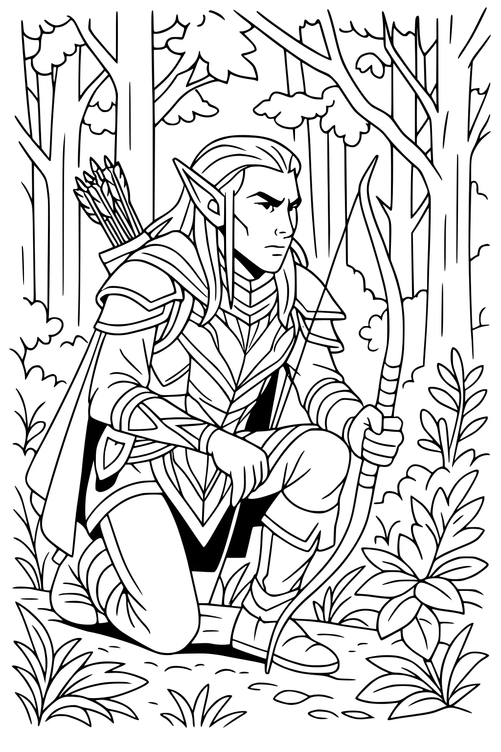 Boy elf archer kneeling in armor with a bow in a forest, quiver on his back, trees and bushes surrounding him.
