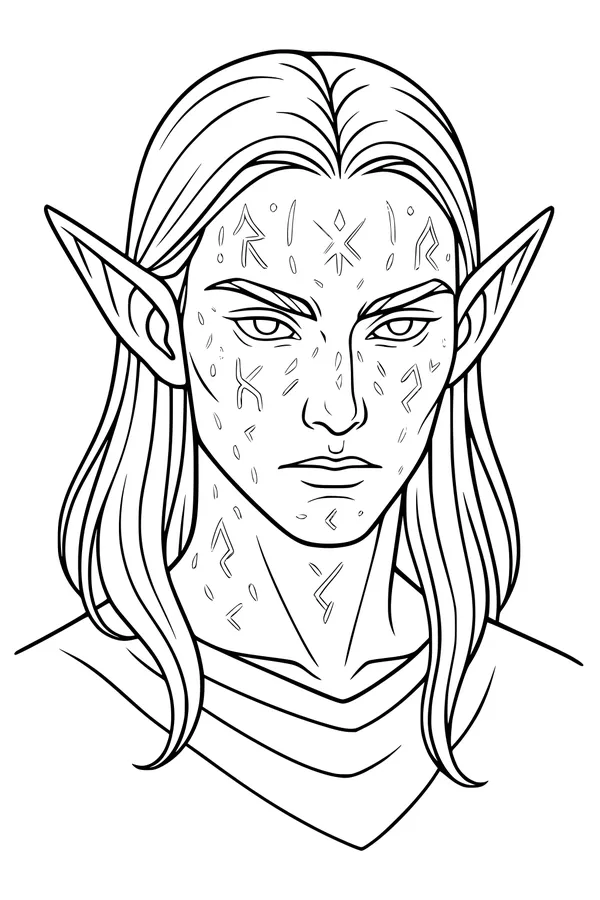 Free Elf Coloring Page - Forest Elf Boy With Rune Markings (Printable PDF)