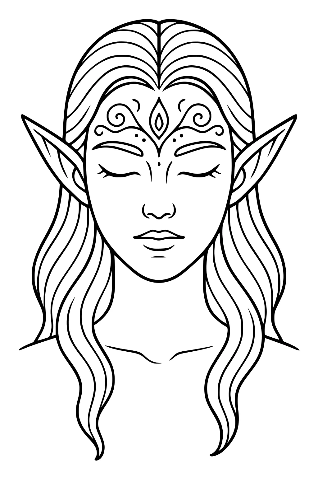 Serene elf girl face with closed eyes, long wavy hair, pointed ears, and leaf-shaped forehead design, front view line art.