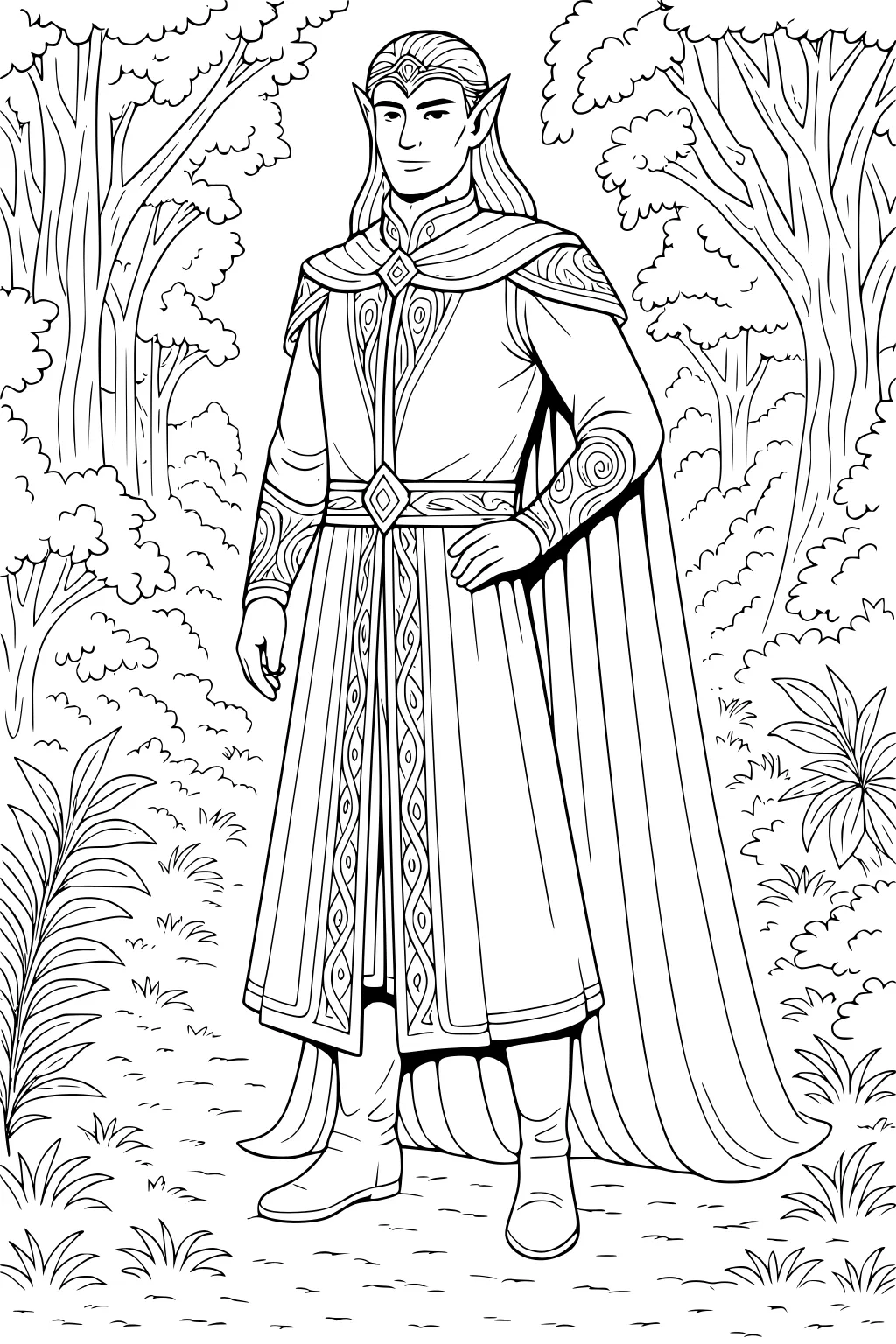 Male elf prince in ornate robe and cape, standing in a forest with trees, plants, pointed ears, patterned trim, and boots.