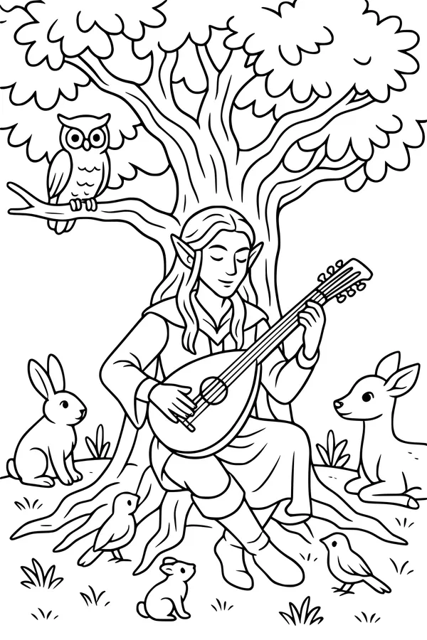 Free Elf Boy Coloring Page - Forest Lullaby Under the Oak (Printable PDF)