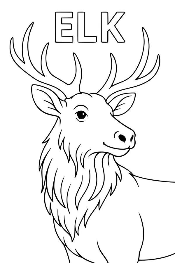 Free Elk Coloring Page - Big Antlers Portrait With Label (Printable PDF)