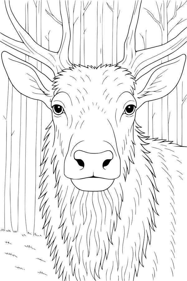 Free Elk Coloring Page - Big Antlers in Quiet Winter Woods (Printable PDF)