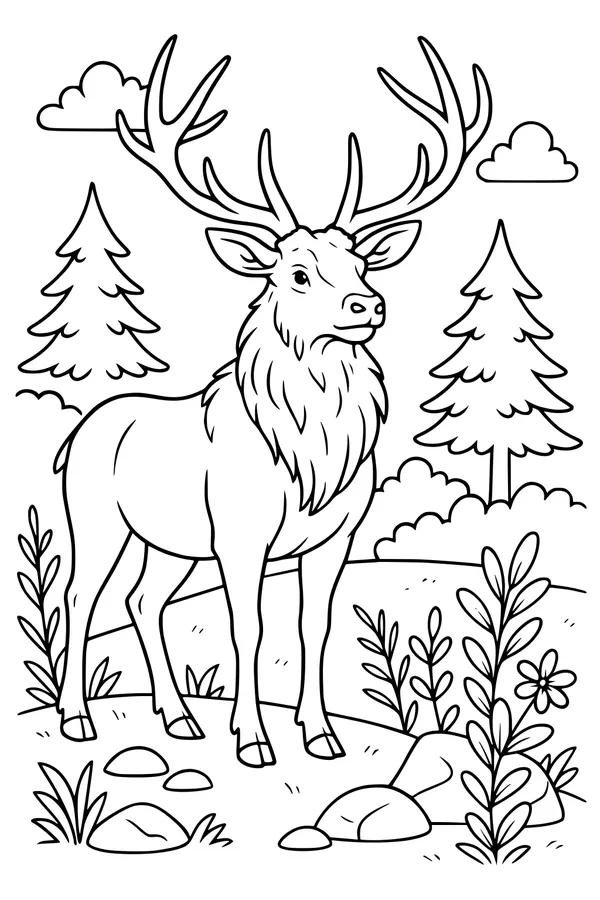 Free Elk Coloring Page - Majestic Antlers in Pine Forest (Printable PDF)
