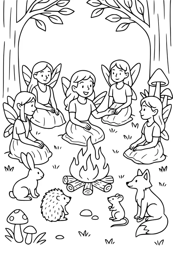 Free Fairy Campfire Coloring Page - Storytime in Enchanted Forest (Printable PDF)
