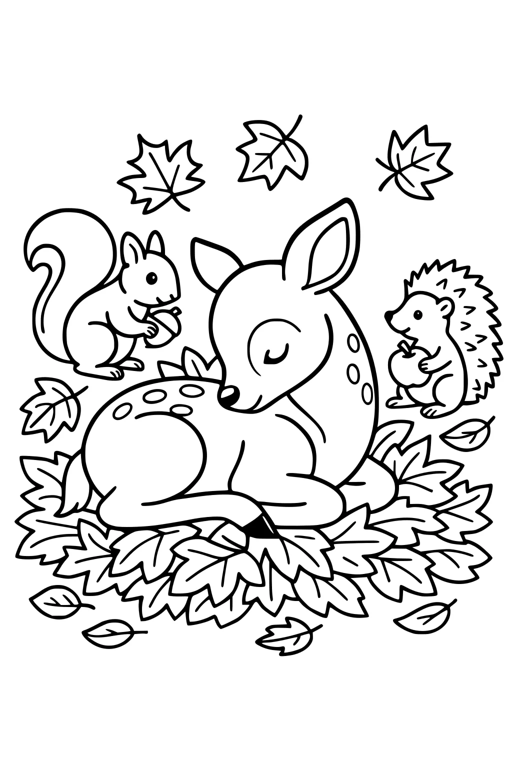 A fawn sleeping on leaves with a squirrel and a hedgehog, surrounded by falling leaves.