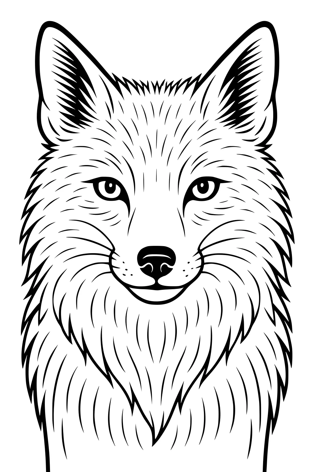 Line drawing of a fox face with big round eyes, pointed ears, and lots of shaggy fur for coloring.