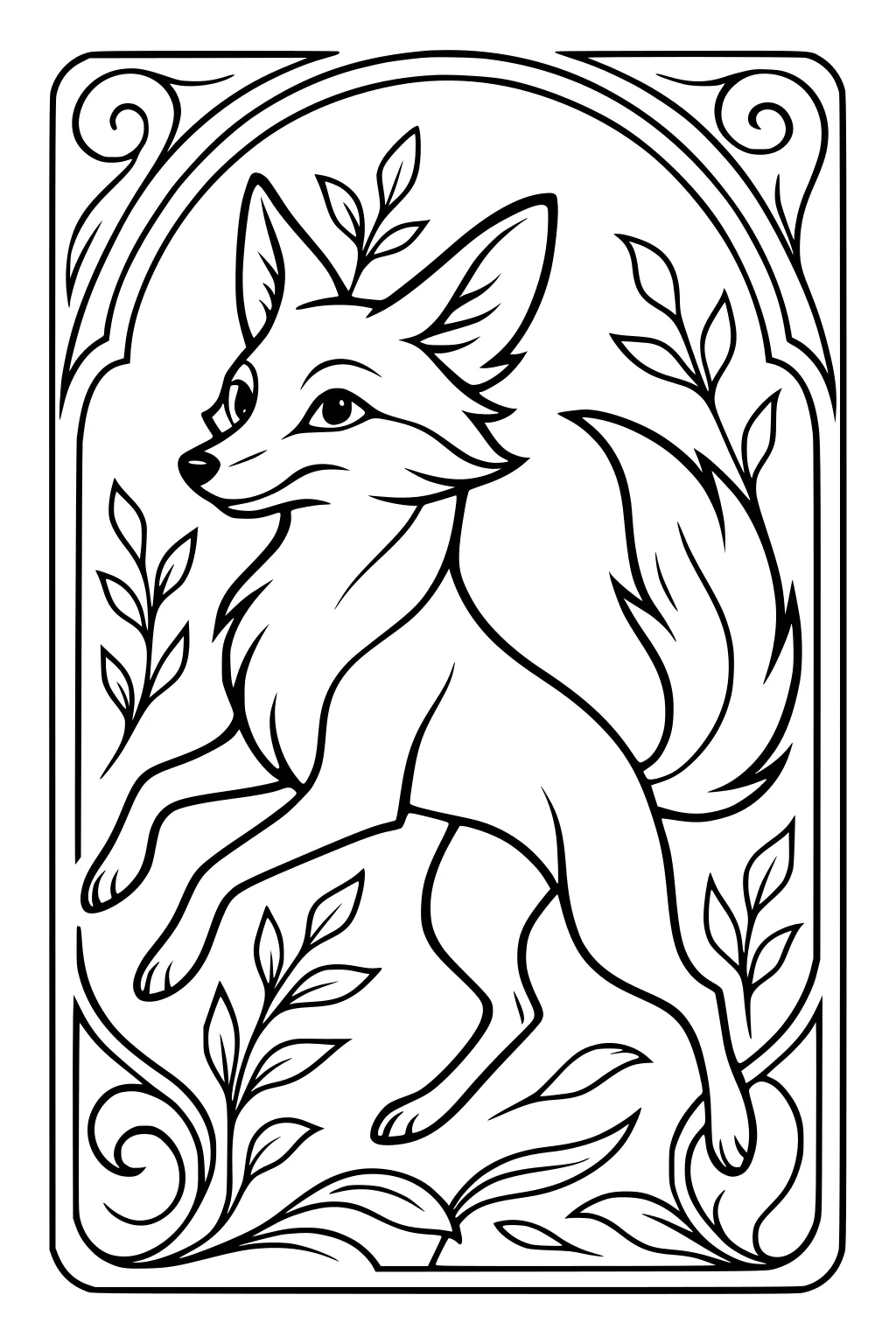Fox with large ears and bushy tail surrounded by leaves inside a fancy bordered frame.