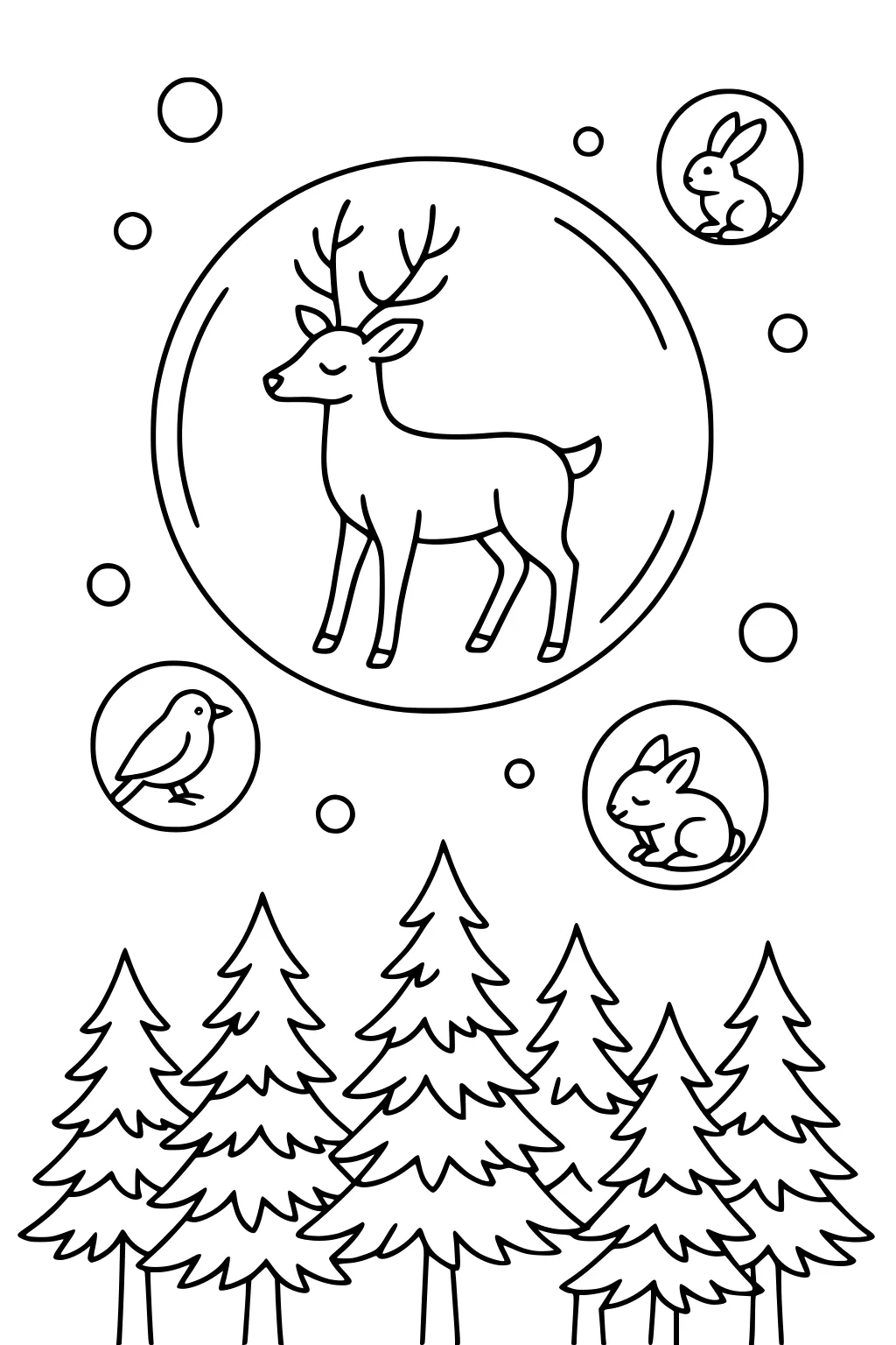 Deer in a large bubble, two bunnies and a bird in smaller bubbles, pine trees below, floating circles all around.